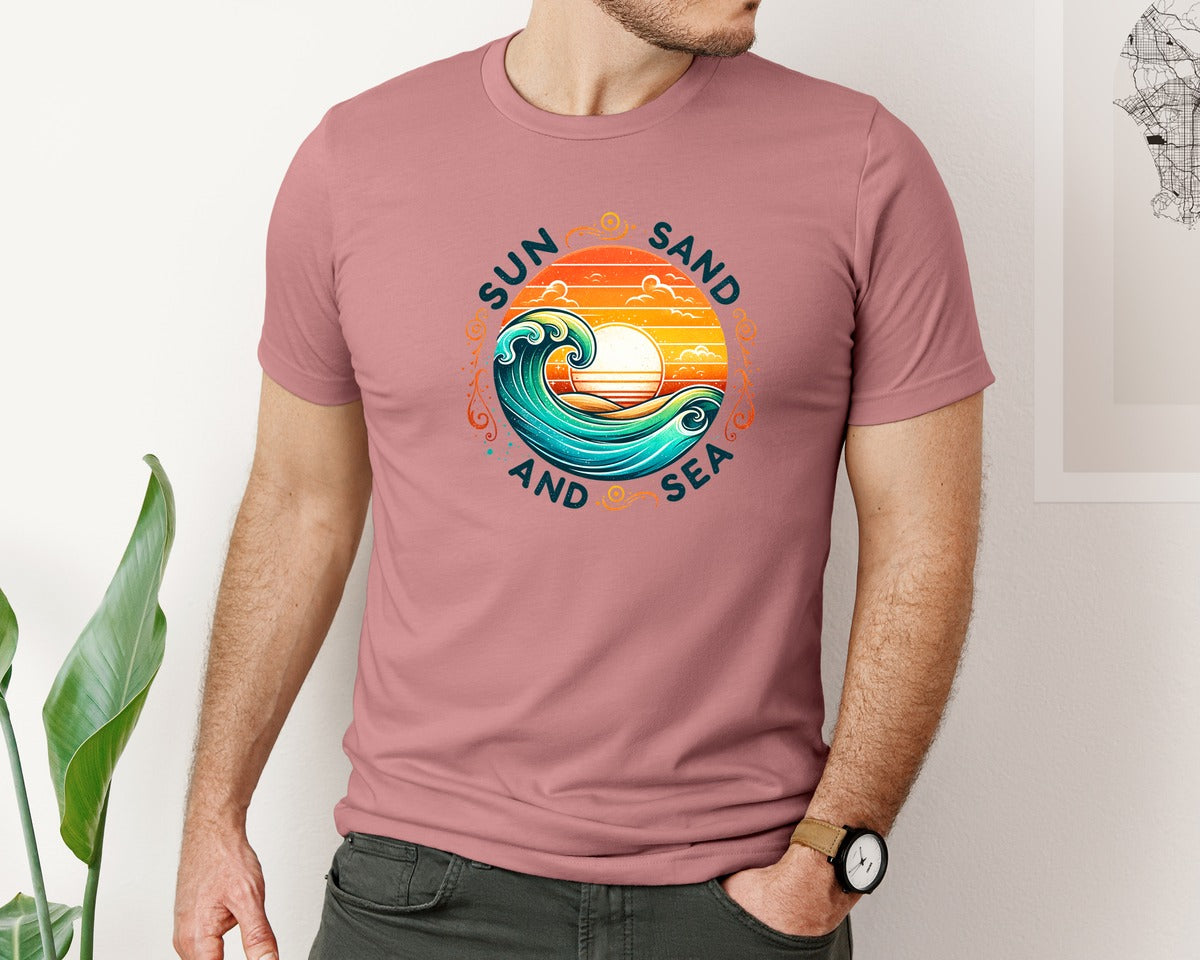 brand:Bella Canvas|color:Heather Mauve|Retro Summer Sun Sand And Sea Wave Graphic T-Shirt