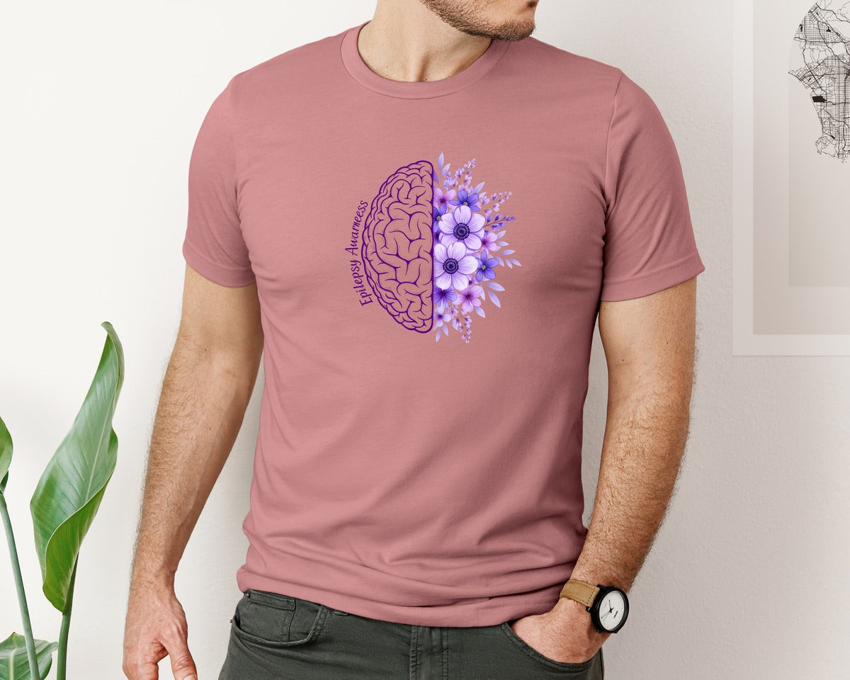 brand:Bella Canvas|color:Heather Mauve|Epilepsy Awareness Brain And Flowers Graphic T-Shirt