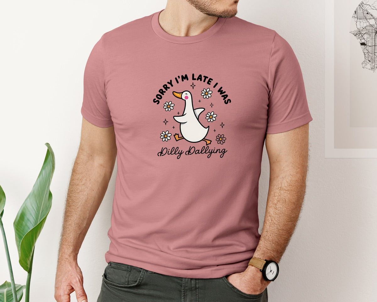 brand:Bella Canvas|color:Heather Mauve|Funny Duck Dilly Dallying File Graphic T-Shirt