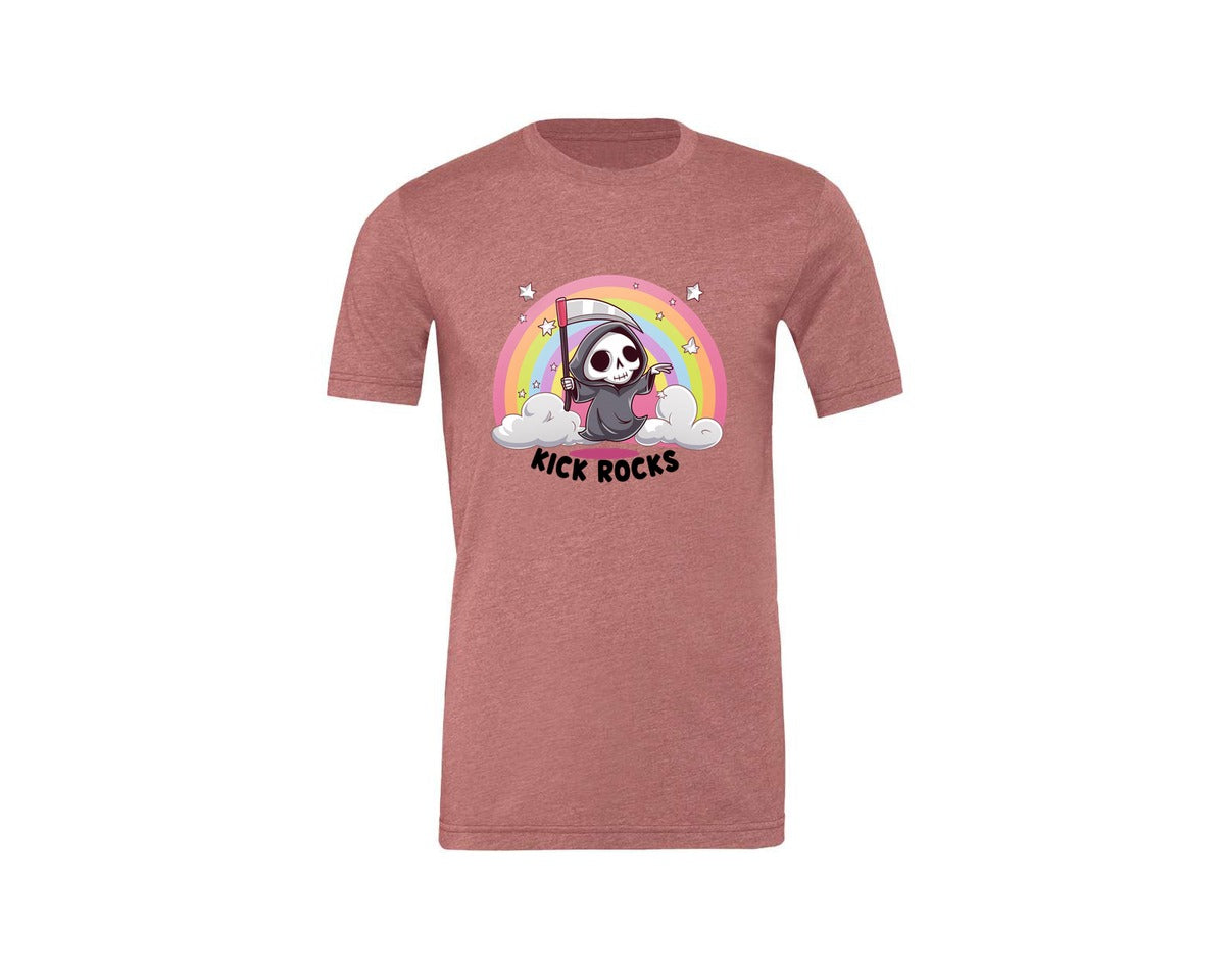 brand:Generic|color:Heather Mauve|Kick Rocks Cute Grim Reaper Graphic T-Shirt