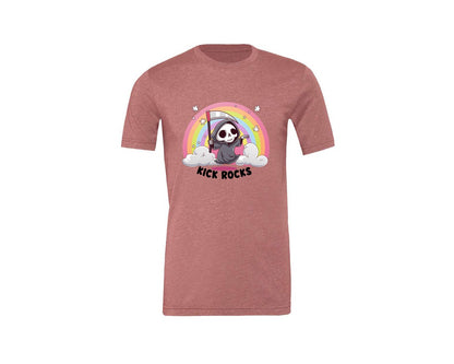 brand:Generic|color:Heather Mauve|Kick Rocks Cute Grim Reaper Graphic T-Shirt