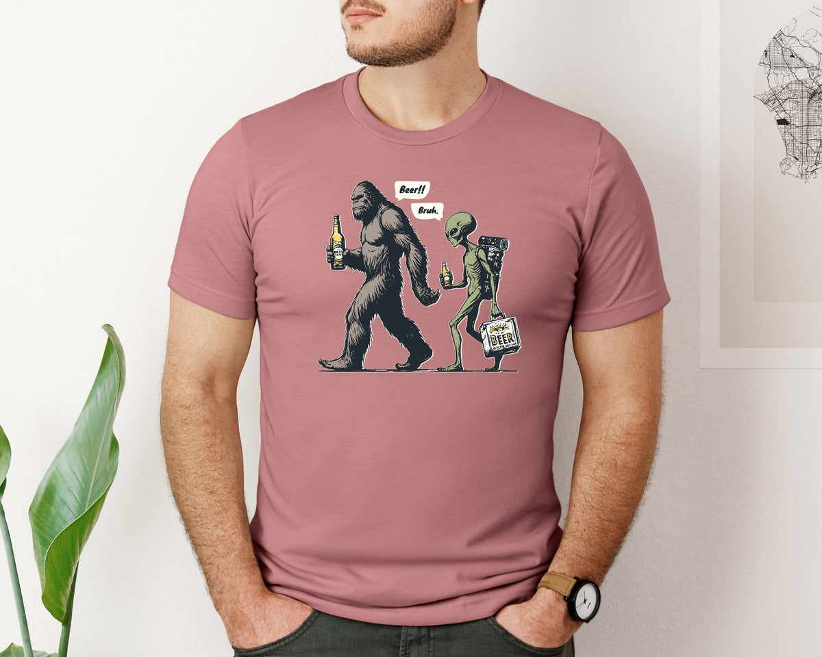 brand:Bella Canvas|color:Heather Mauve|Bigfoot And Alien Beer Bruh Shirt Graphic T-Shirt