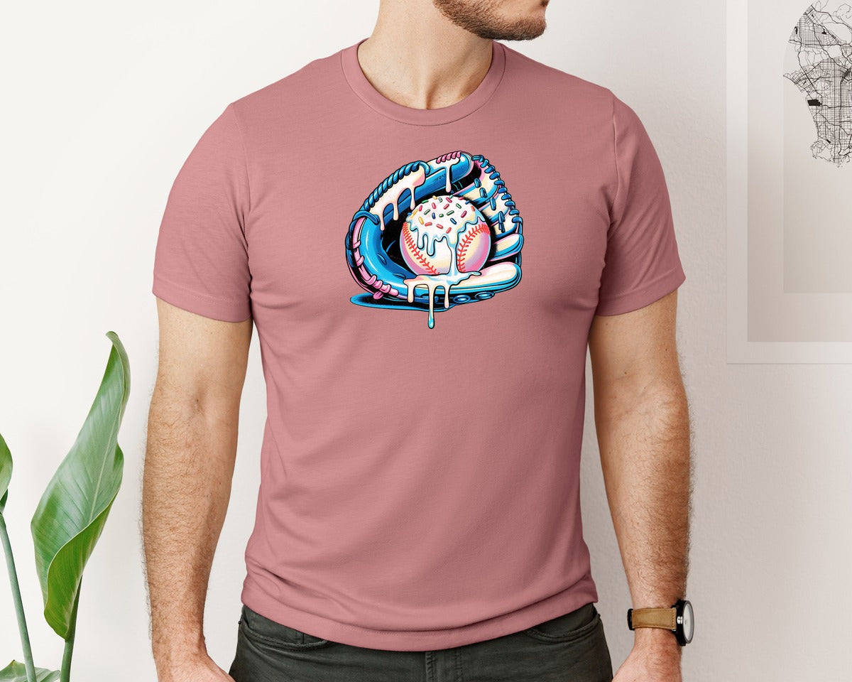 brand:Bella Canvas|color:Heather Mauve|Baseball Drip Ice Cream Sprinkles Glove Graphic T-Shirt