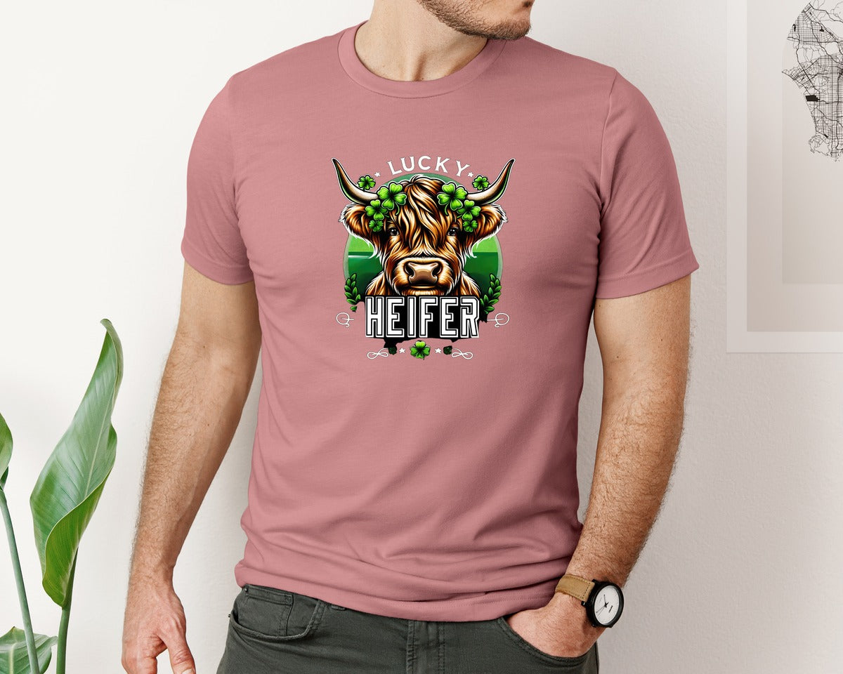 brand:Bella Canvas|color:Heather Mauve|Cow St Patricks Day Lucky Heifer Graphic T-Shirt