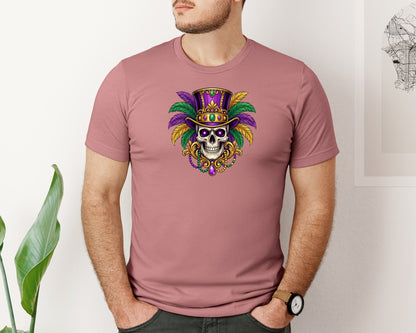 brand:Bella Canvas|color:Heather Mauve|Mardi Gras Skeleton With Top Hat Graphic T-Shirt
