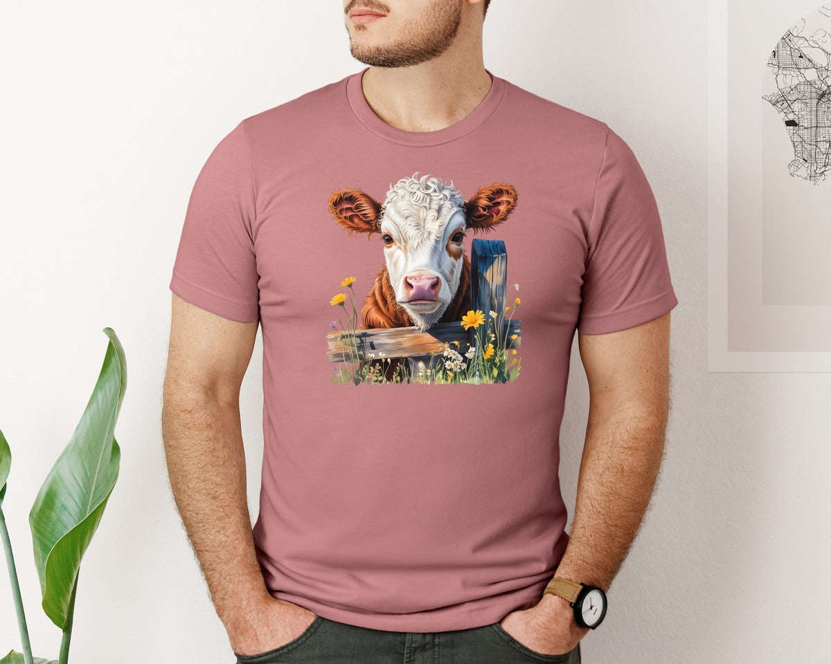 brand:Bella Canvas|color:Heather Mauve|Cute Cow Farm Animal Wildflower Art Graphic T-Shirt