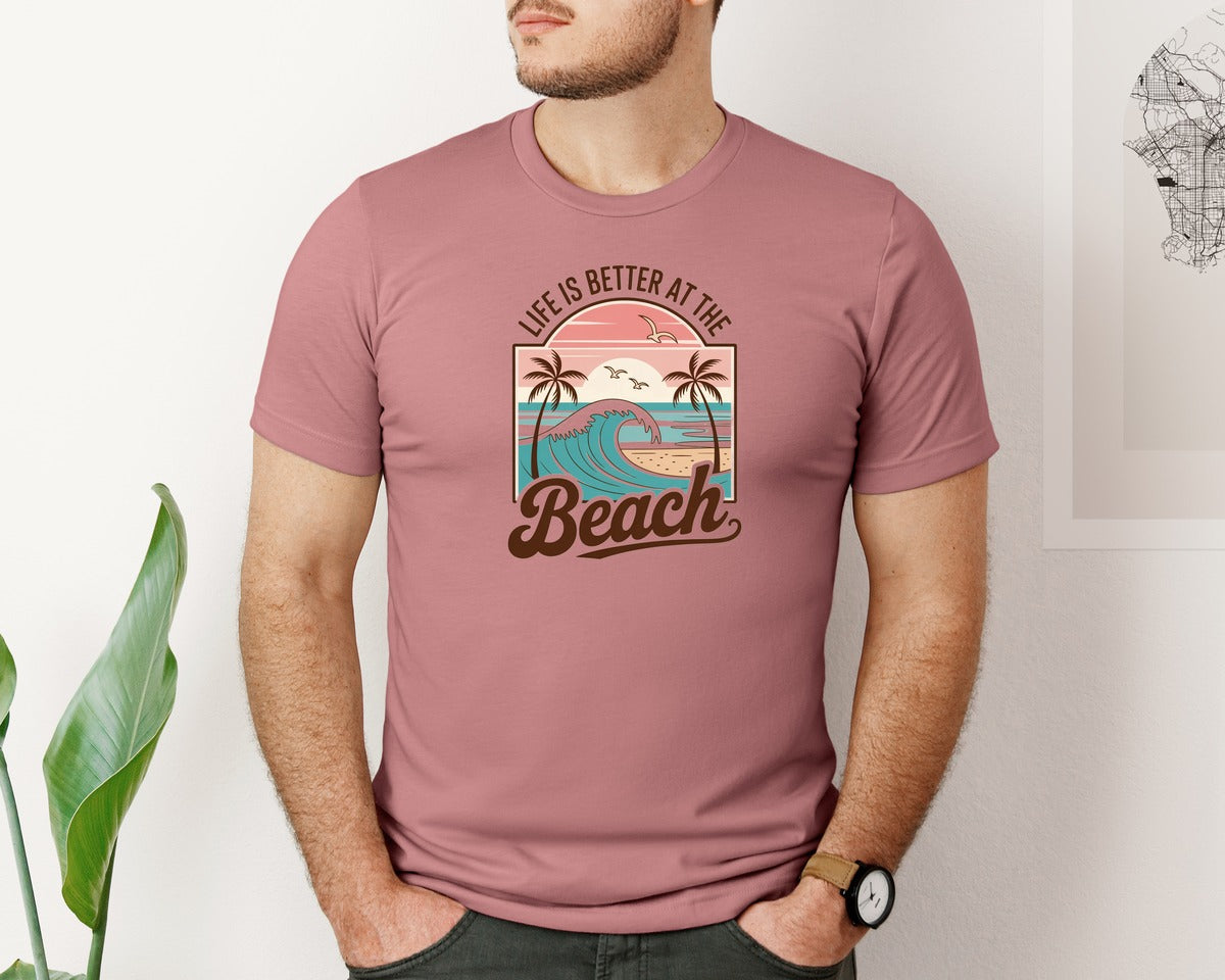 brand:Bella Canvas|color:Heather Mauve|Retro Beach Beach Life Summer Graphic T-Shirt