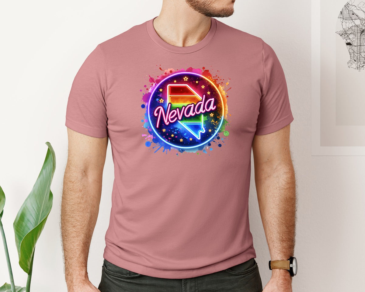 brand:Bella Canvas|color:Heather Mauve|Colorful Neon Nevada Map Graphic T-Shirt