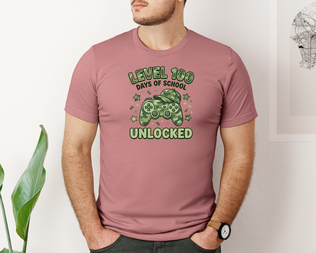 brand:Bella Canvas|color:Heather Mauve|Level 100 Days Of School Unlocked 15 Graphic T-Shirt