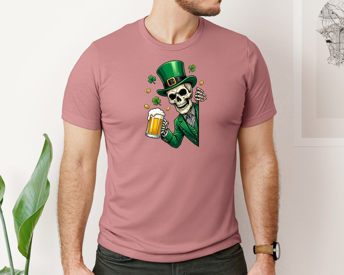 brand:Bella Canvas|color:Heather Mauve|Skeleton Drinking Beer St Patricks Graphic T-Shirt