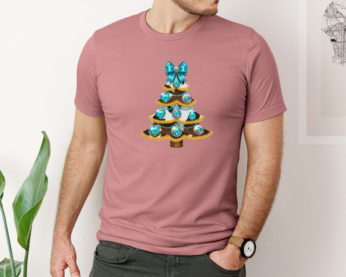 brand:Bella Canvas|color:Heather Mauve|Turquoise Western Christmas Tree Graphic T-Shirt
