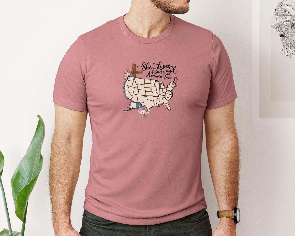 brand:Bella Canvas|color:Heather Mauve|She Loves Jesus And America Too Christ Graphic T-Shirt