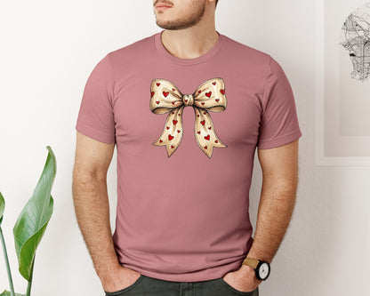brand:Bella Canvas|color:Heather Mauve|Valentines Heart Bow Coquette Graphic T-Shirt