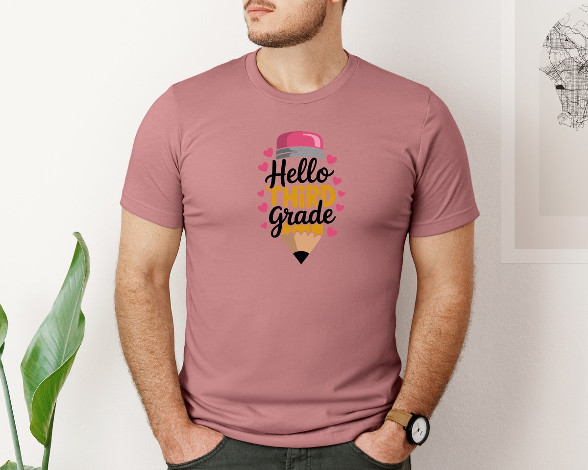brand:Bella Canvas|color:Heather Mauve|Hello Third 3Rd Grade Pencil School Graphic T-Shirt