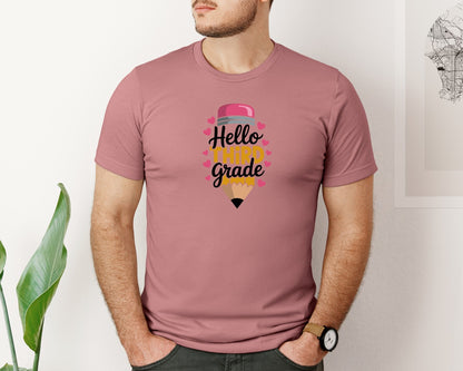 brand:Bella Canvas|color:Heather Mauve|Hello Third 3Rd Grade Pencil School Graphic T-Shirt