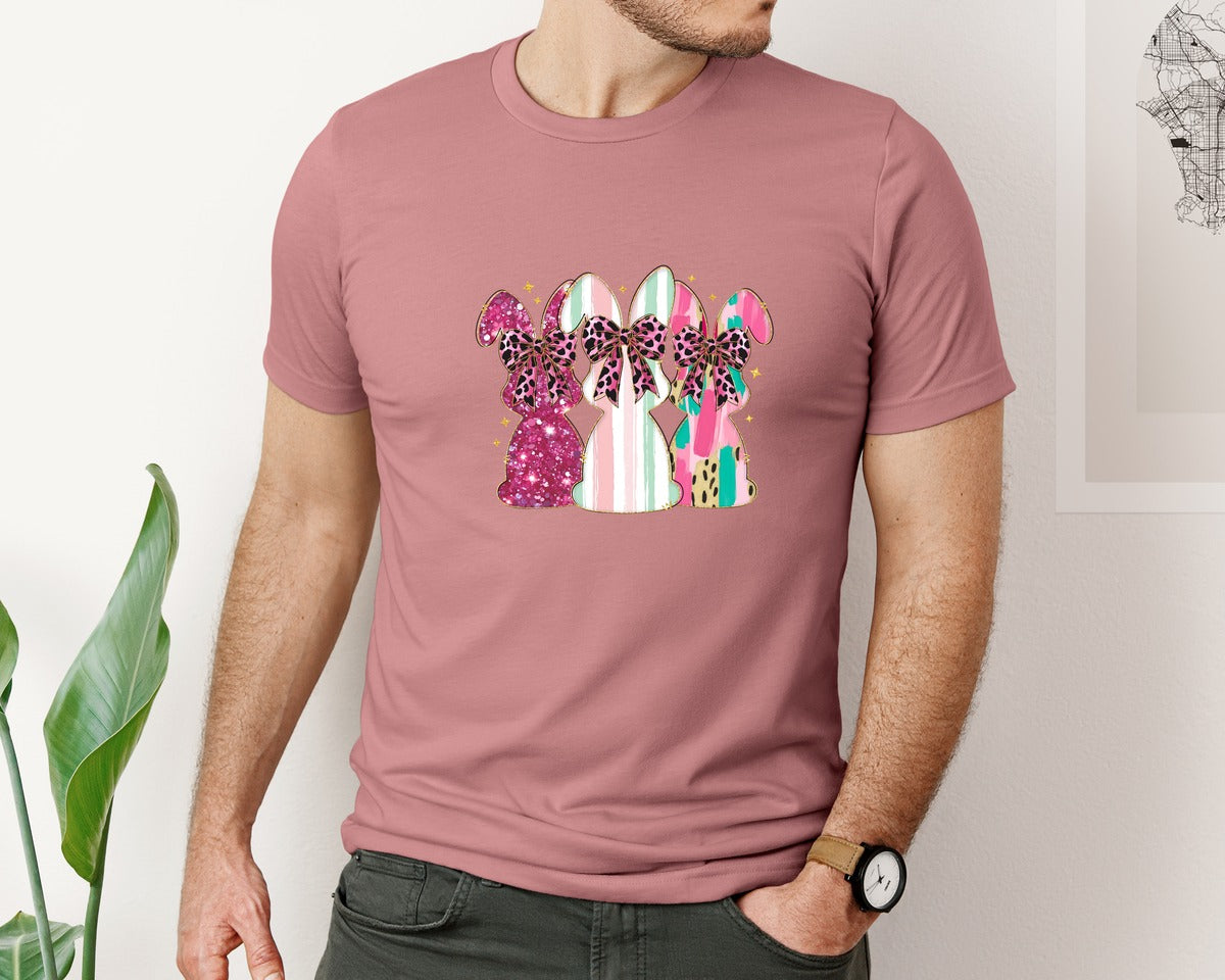 brand:Bella Canvas|color:Heather Mauve|Happy Easter Glitter Bunny Bow Graphic T-Shirt