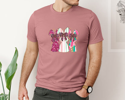 brand:Bella Canvas|color:Heather Mauve|Happy Easter Glitter Bunny Bow Graphic T-Shirt