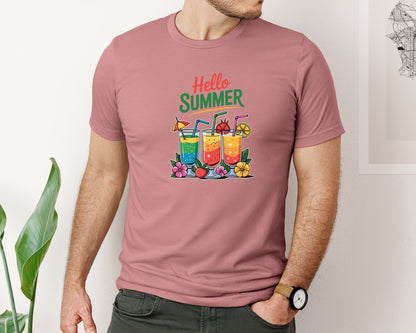 brand:Bella Canvas|color:Heather Mauve|Hello Summer Drinks T Shirt Graphic T-Shirt