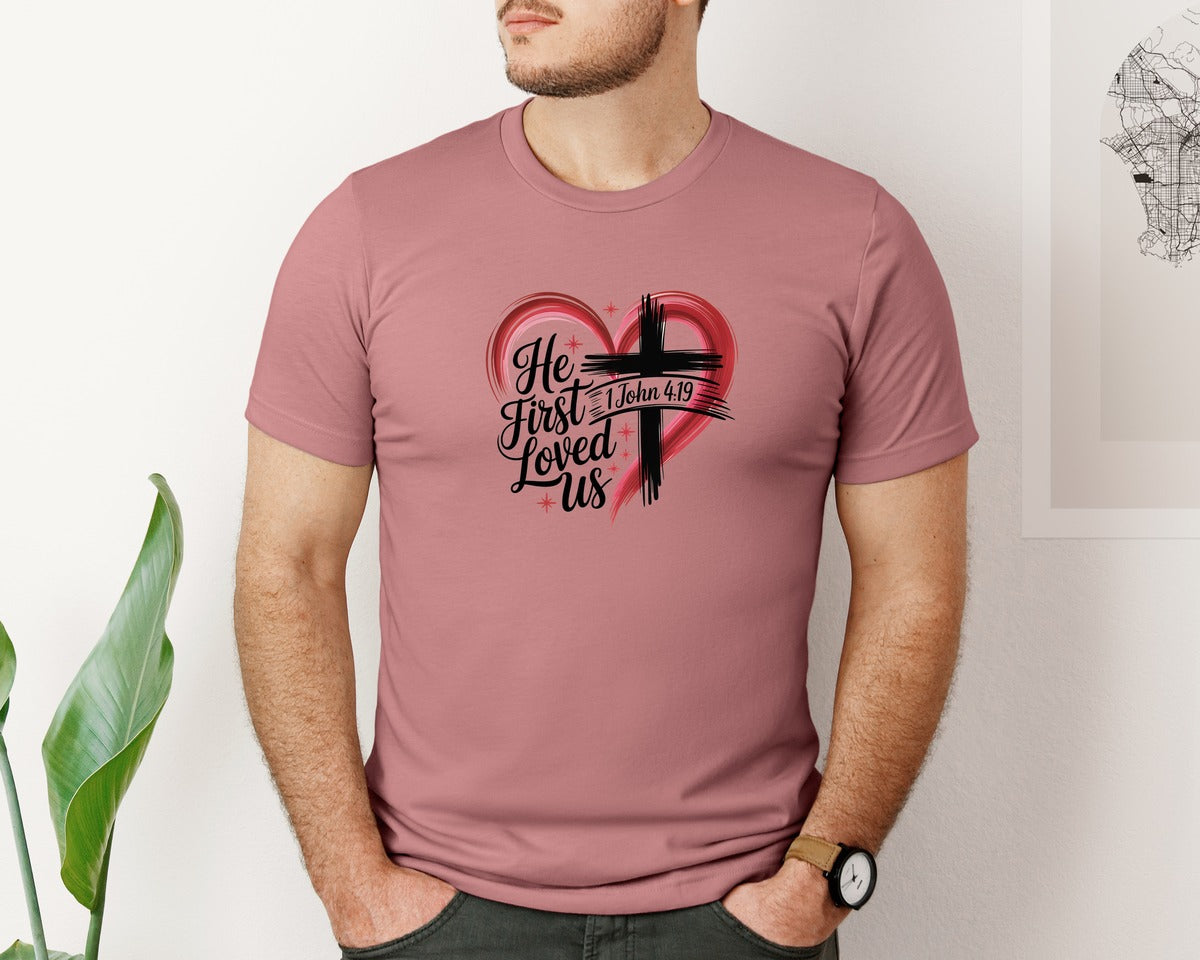 brand:Bella Canvas|color:Heather Mauve|Heart Cross Valentine Jesus 2 Graphic T-Shirt