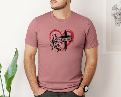 brand:Bella Canvas|color:Heather Mauve|Heart Cross Valentine Jesus 2 Graphic T-Shirt