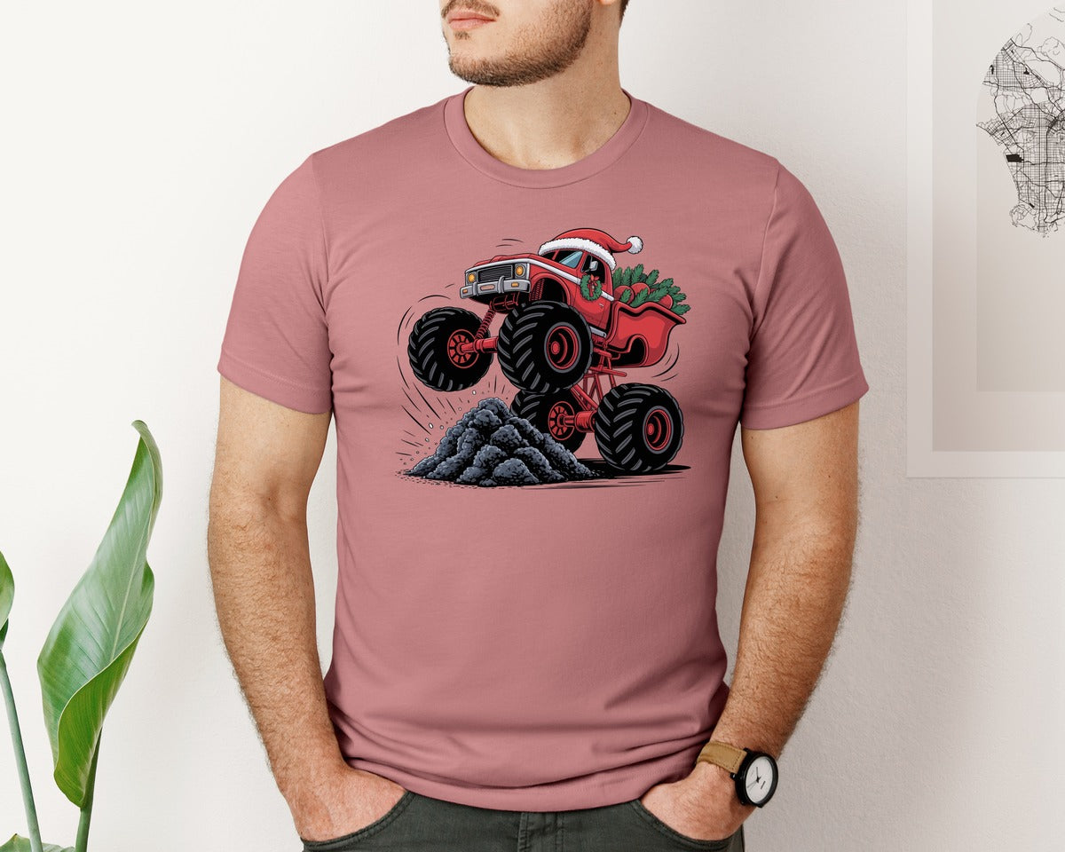 brand:Bella Canvas|color:Heather Mauve|Santa Monster Truck Christmas Ride Graphic T-Shirt