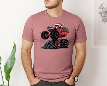 brand:Bella Canvas|color:Heather Mauve|Santa Monster Truck Christmas Ride Graphic T-Shirt