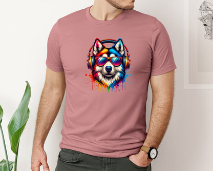 brand:Bella Canvas|color:Heather Mauve|Colorful Dog Headphones Music Lover Graphic T-Shirt