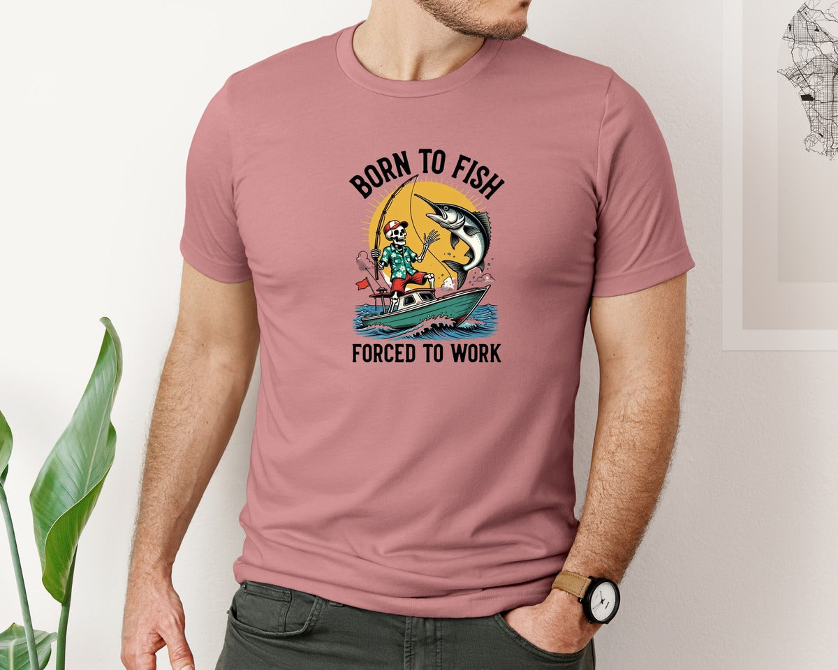 brand:Bella Canvas|color:Heather Mauve|Born To Fish Skeleton Fisherman Graphic T-Shirt