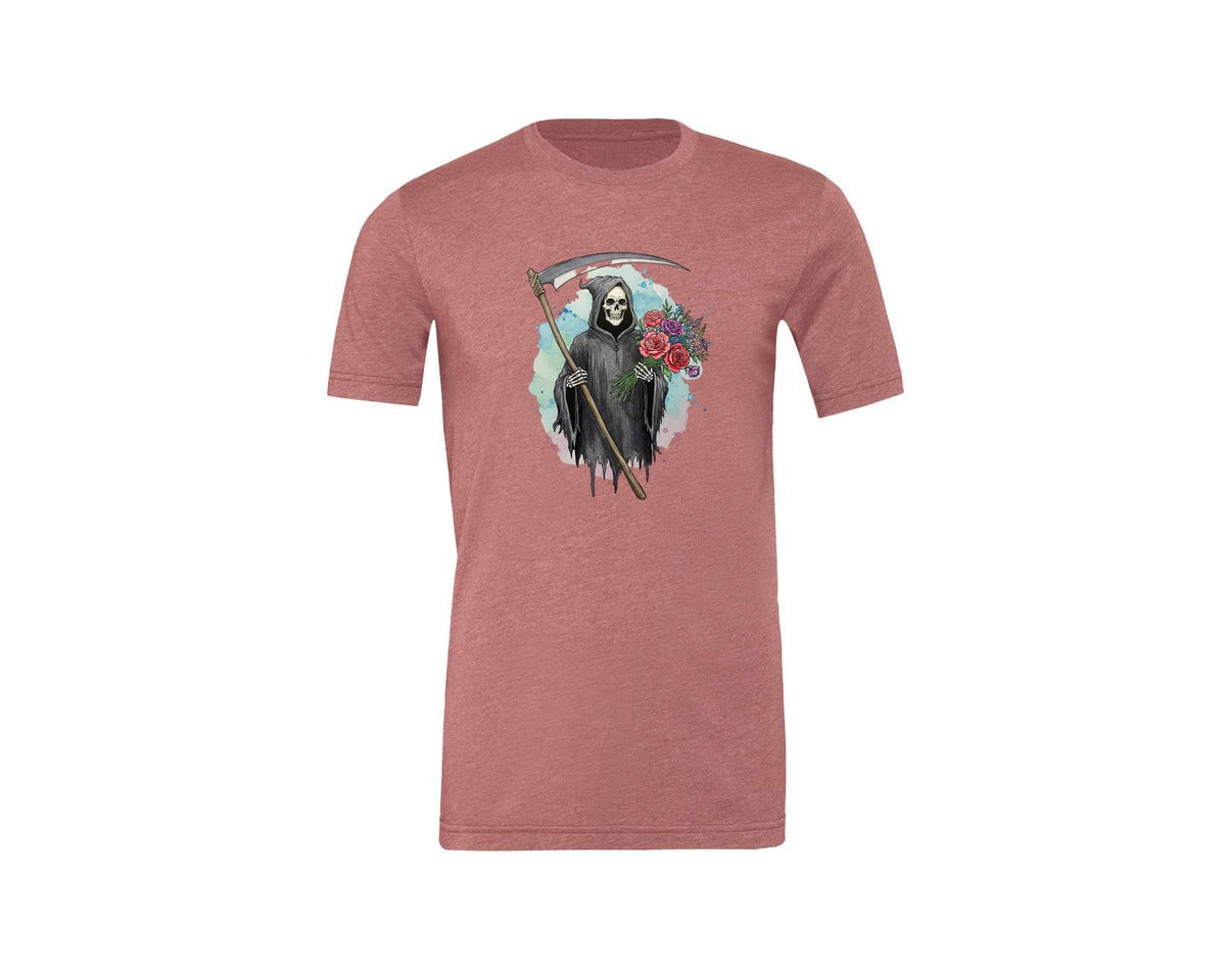 brand:Generic|color:Heather Mauve|Grim Reaper With Flowers Gothic Graphic T-Shirt