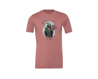 brand:Generic|color:Heather Mauve|Grim Reaper With Flowers Gothic Graphic T-Shirt