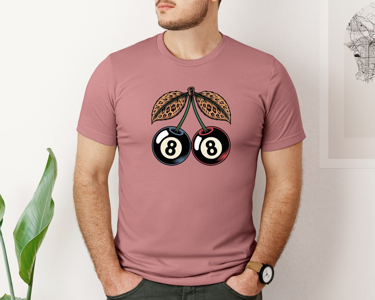 brand:Bella Canvas|color:Heather Mauve|Leopard Print 8 Ball Cherries 3 Graphic T-Shirt