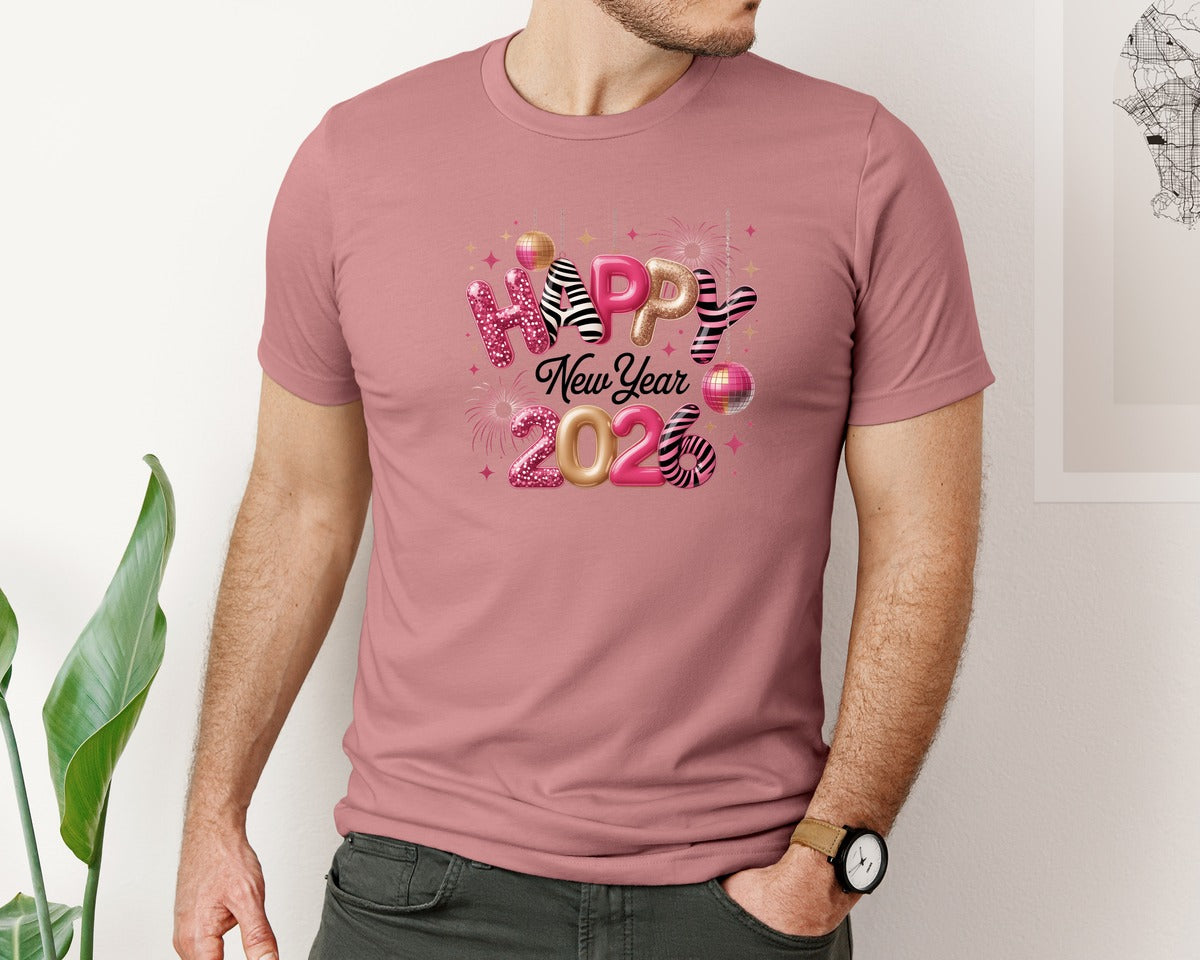 brand:Bella Canvas|color:Heather Mauve|Happy New Year 2026 Glam Glitter Graphic T-Shirt