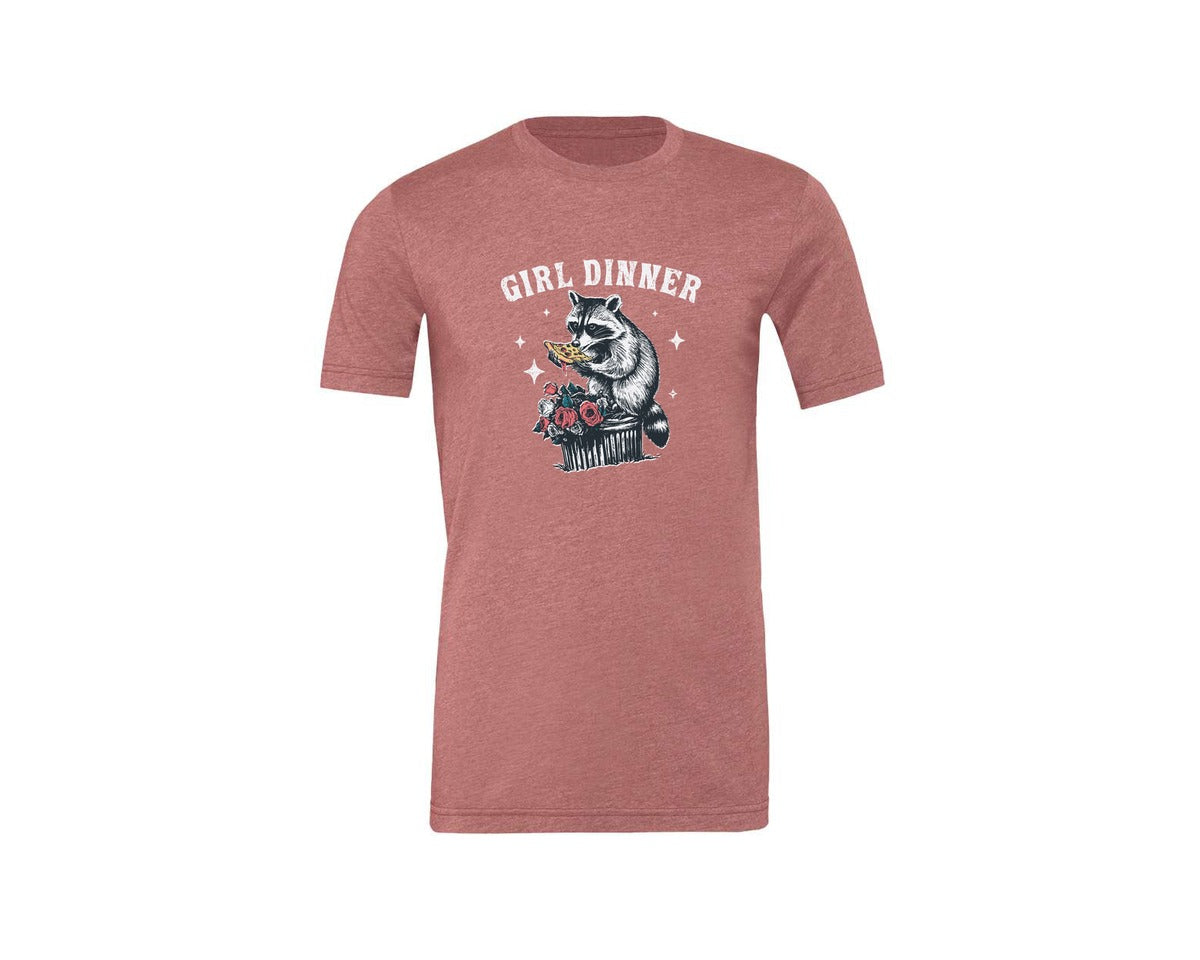 brand:Generic|color:Heather Mauve|Girl Dinner Raccoon Eat Pizza Shirt Graphic T-Shirt