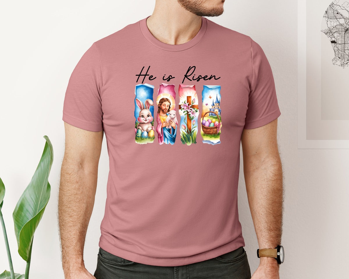 brand:Bella Canvas|color:Heather Mauve|He Is Risen Easter Jesus Christian Graphic T-Shirt
