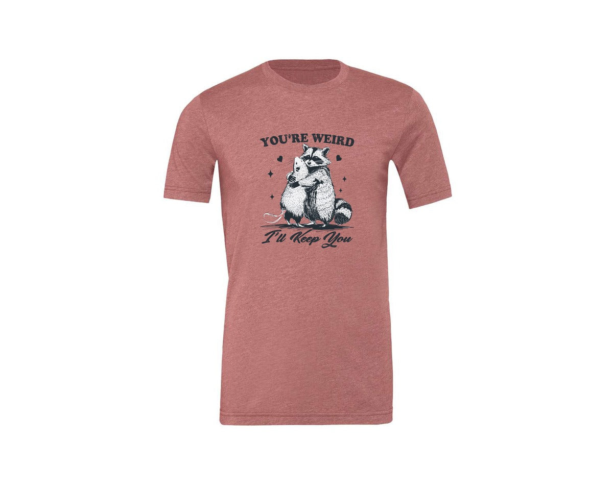 brand:Generic|color:Heather Mauve|Raccoon Hug Possum Youre Weird Shirt Graphic T-Shirt