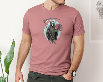 brand:Bella Canvas|color:Heather Mauve|Grim Reaper With Flowers Gothic Graphic T-Shirt