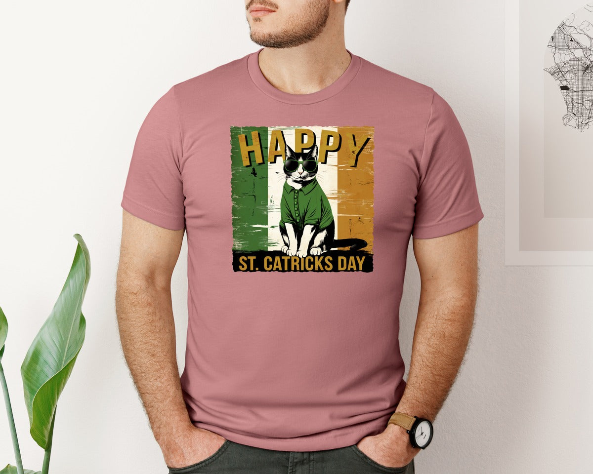 brand:Bella Canvas|color:Heather Mauve|Happy St Catricks Day Lucky Cat Graphic T-Shirt