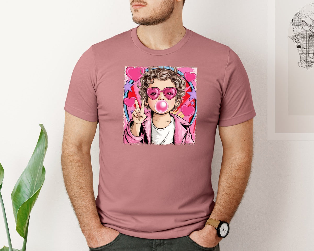 brand:Bella Canvas|color:Heather Mauve|Retro Cupid Blowing Bubble Pngvalentine Graphic T-Shirt