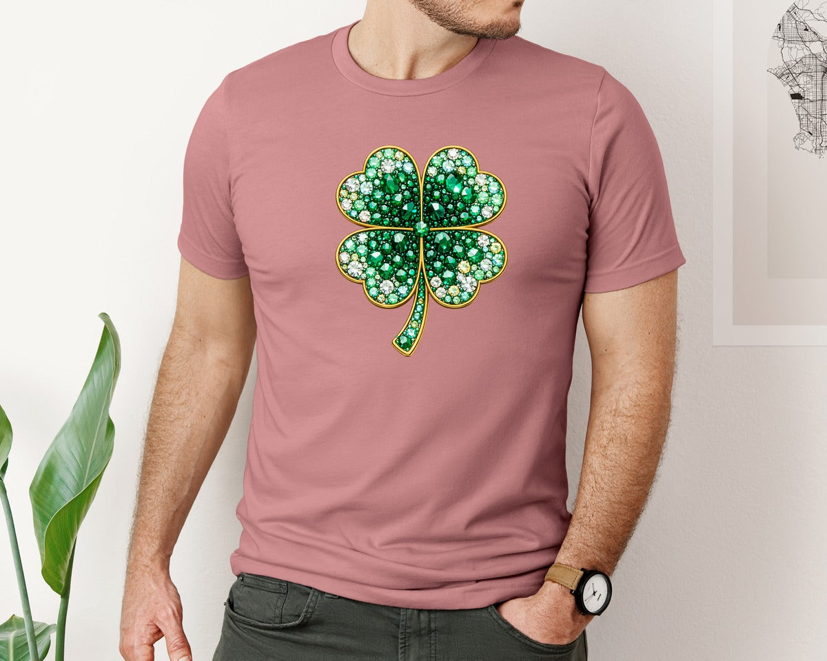 brand:Bella Canvas|color:Heather Mauve|Jeweled Lucky Clover St Patrick Graphic T-Shirt