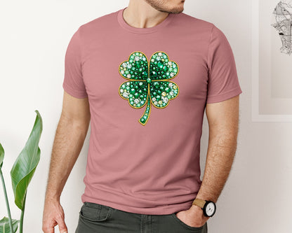 brand:Bella Canvas|color:Heather Mauve|Jeweled Lucky Clover St Patrick Graphic T-Shirt
