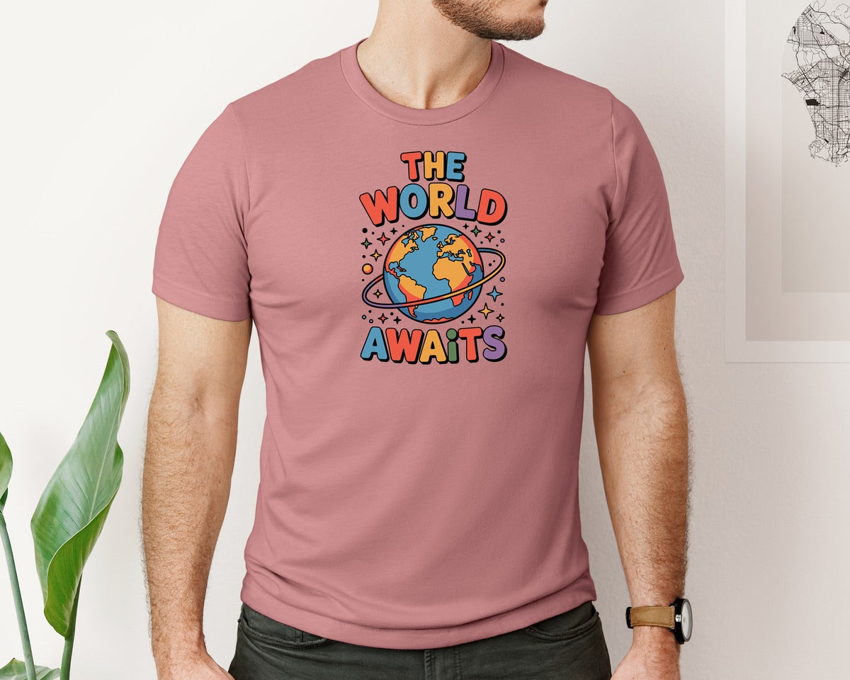 brand:Bella Canvas|color:Heather Mauve|The World Awaits Earth Orbit Design Graphic T-Shirt