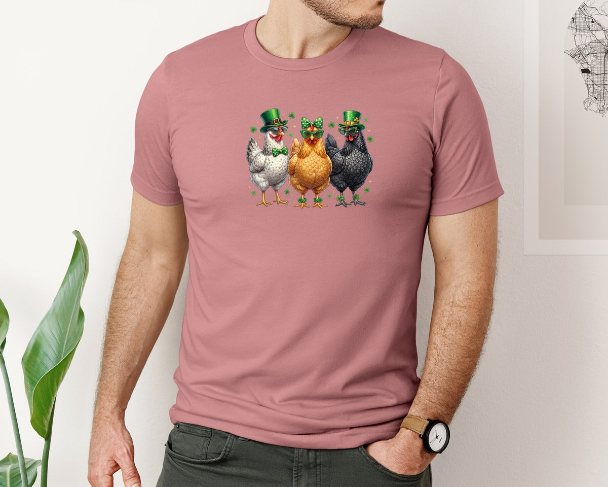 brand:Bella Canvas|color:Heather Mauve|Funny St Patricks Day Chickens Graphic T-Shirt