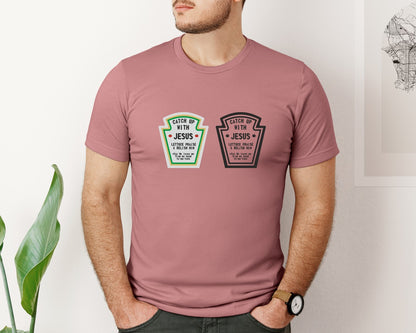 brand:Bella Canvas|color:Heather Mauve|Catch Up With Jesus Funny Christian Graphic T-Shirt