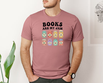 brand:Bella Canvas|color:Heather Mauve|Books Are My Jam Book Lover Jam Jar Graphic T-Shirt