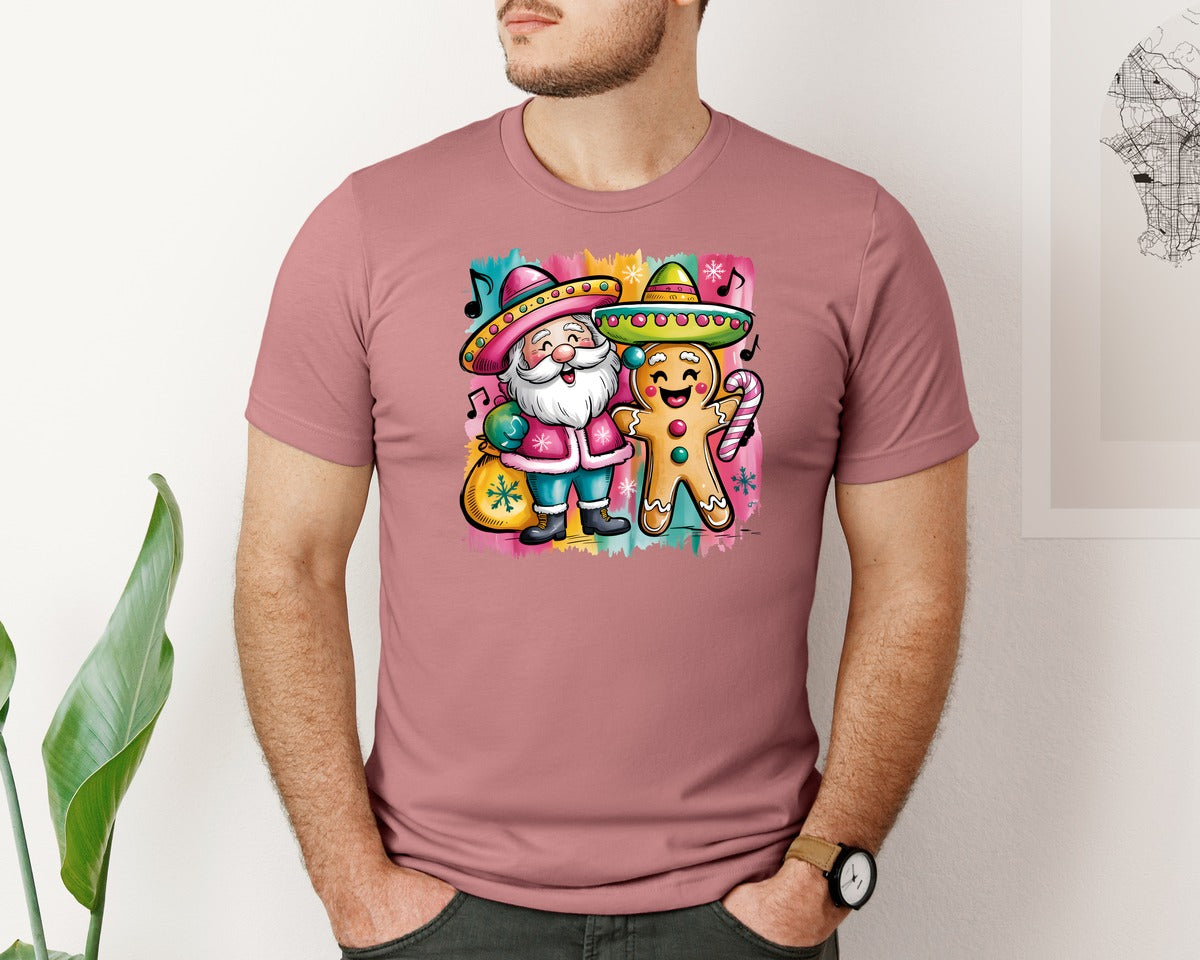 brand:Bella Canvas|color:Heather Mauve|Feliz Navidad Mexican Gingerbread Graphic T-Shirt