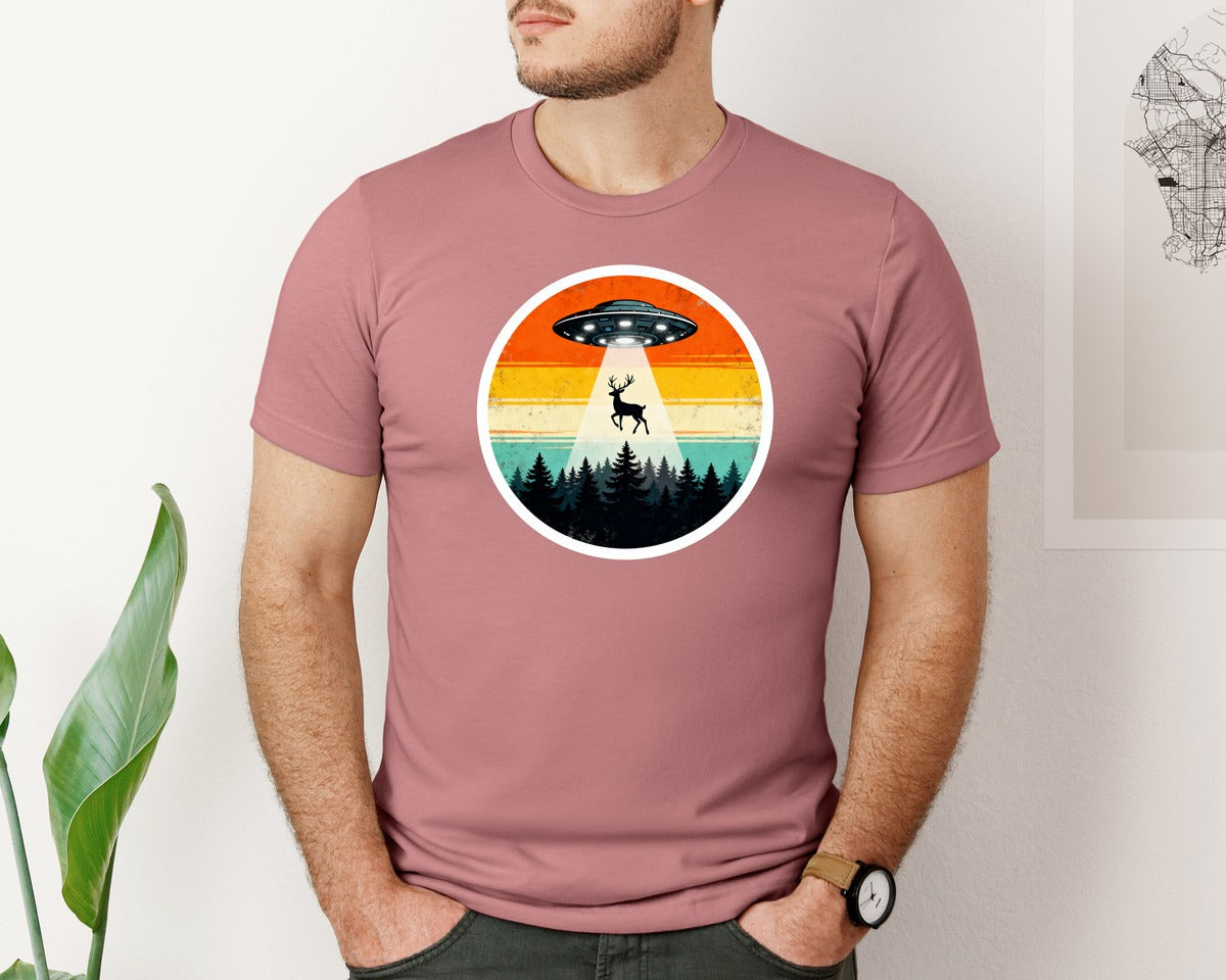 brand:Bella Canvas|color:Heather Mauve|Ufo Abduction Deer T Shirt Design Graphic T-Shirt