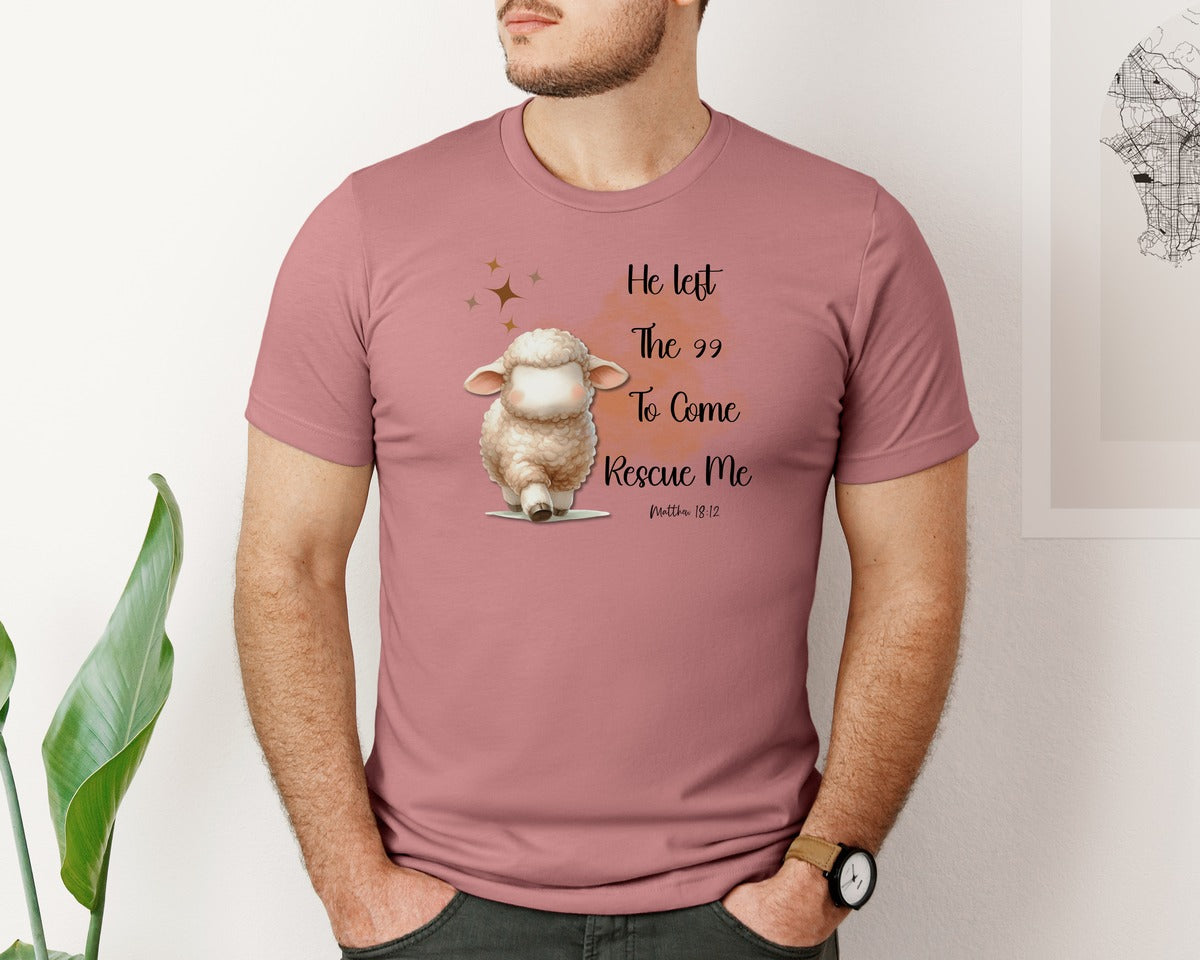 brand:Bella Canvas|color:Heather Mauve|He Left The 99 Clip Art Good Shepherd Graphic T-Shirt