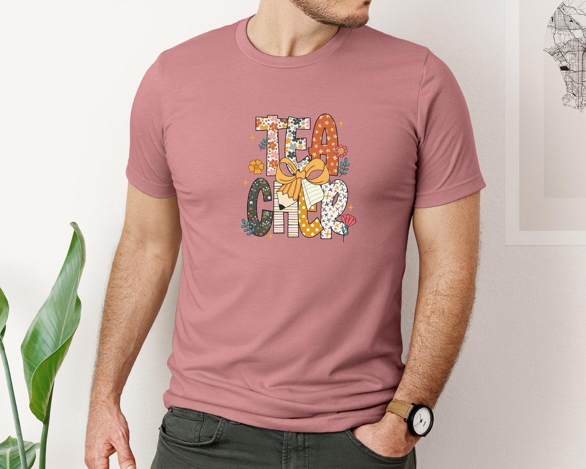 brand:Bella Canvas|color:Heather Mauve|Floral Teacher Teacher Wildflower Graphic T-Shirt