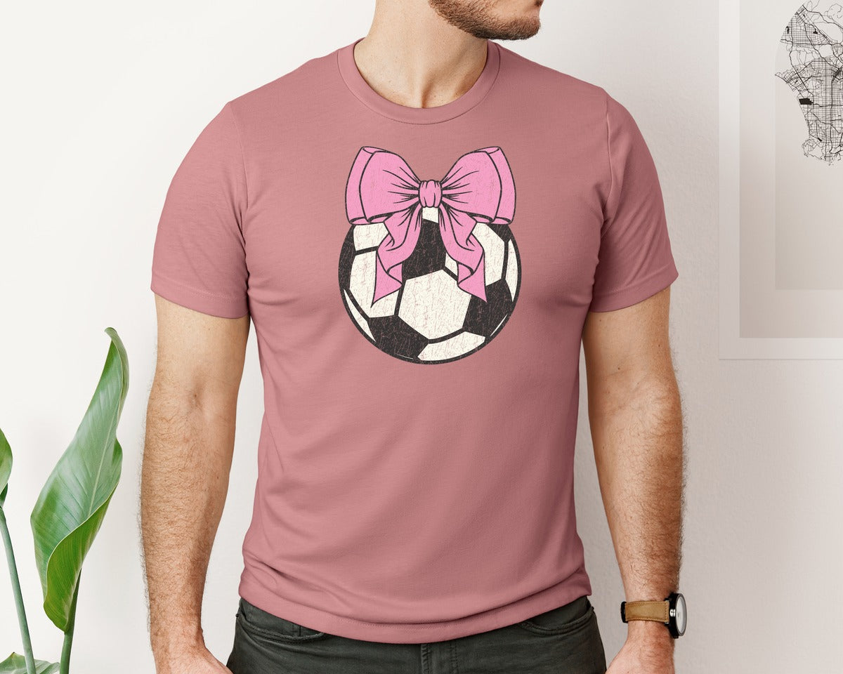 brand:Bella Canvas|color:Heather Mauve|Coquette Soccer Pink Bow Graphic T-Shirt