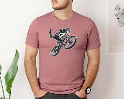 brand:Bella Canvas|color:Heather Mauve|Cat Riding Bicycle Retro Shirt Graphic T-Shirt
